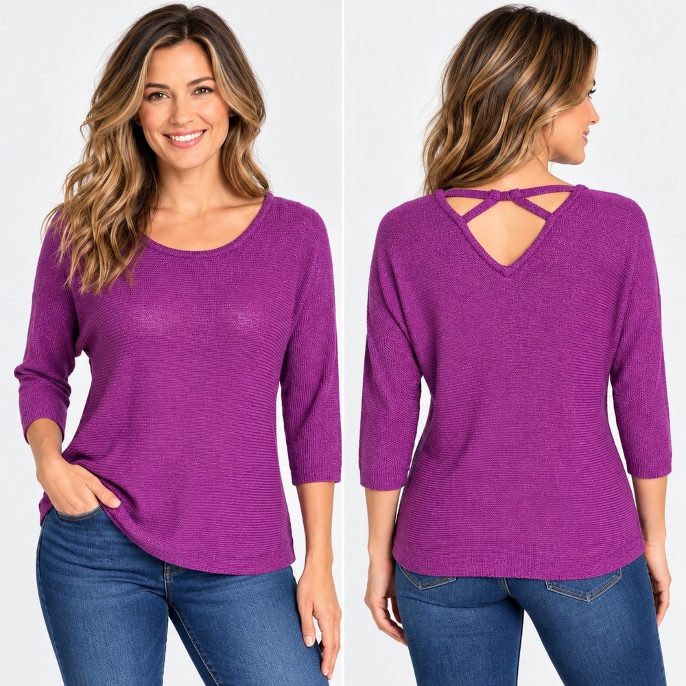 Chico's Purple Strappy Back Knit Sweater 3/4 Sleeve Scoop Neck Size 0 Small